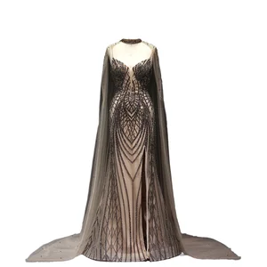 Sharon Said SS055 Women's Evening Dress Beaded Brown Gray Mermaid Style with Sheer Cape Simple Design for Wedding Parties