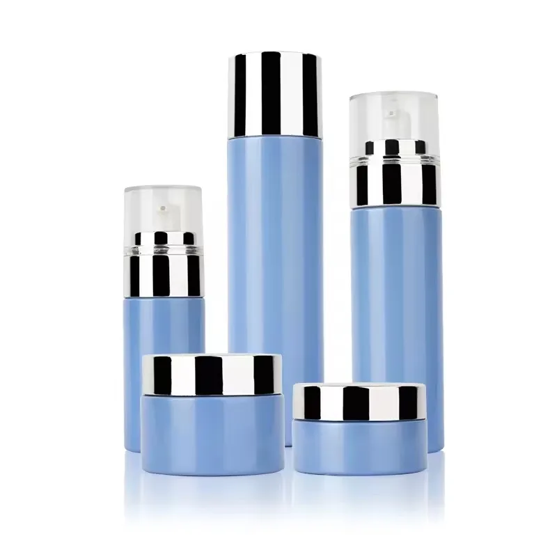 Blue Empty Cosmetics Cream Containers Set Skincare Glass pump Spray Lotion Bottle With Silver Cap 30g50g40ml100ml120ml manufacture