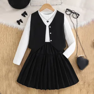 High Quality 2026 Autumn Kids Girls Clothes Sets British Style Irregular Vest Long Sleeve Top Pleated Skirt 3pcs Teen Clothing