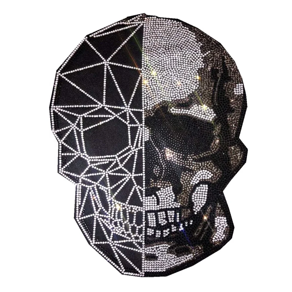 Free sample Skull head Hot Fix Rhinestones motif crystal rhinestone strass iron on Transfer applique