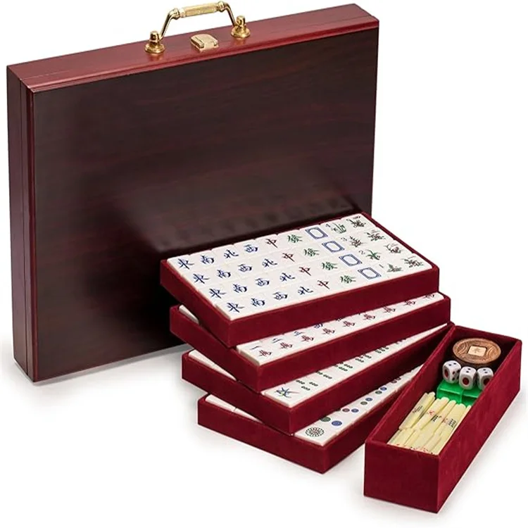 Yellow Mountain Imports Ensemble Classique de Jeu de Mahjong Chinois, Or Champagne - avec 148 tuiles de Taille Moyenne et Un étui en Bois - pour Jouer au Style Chinois