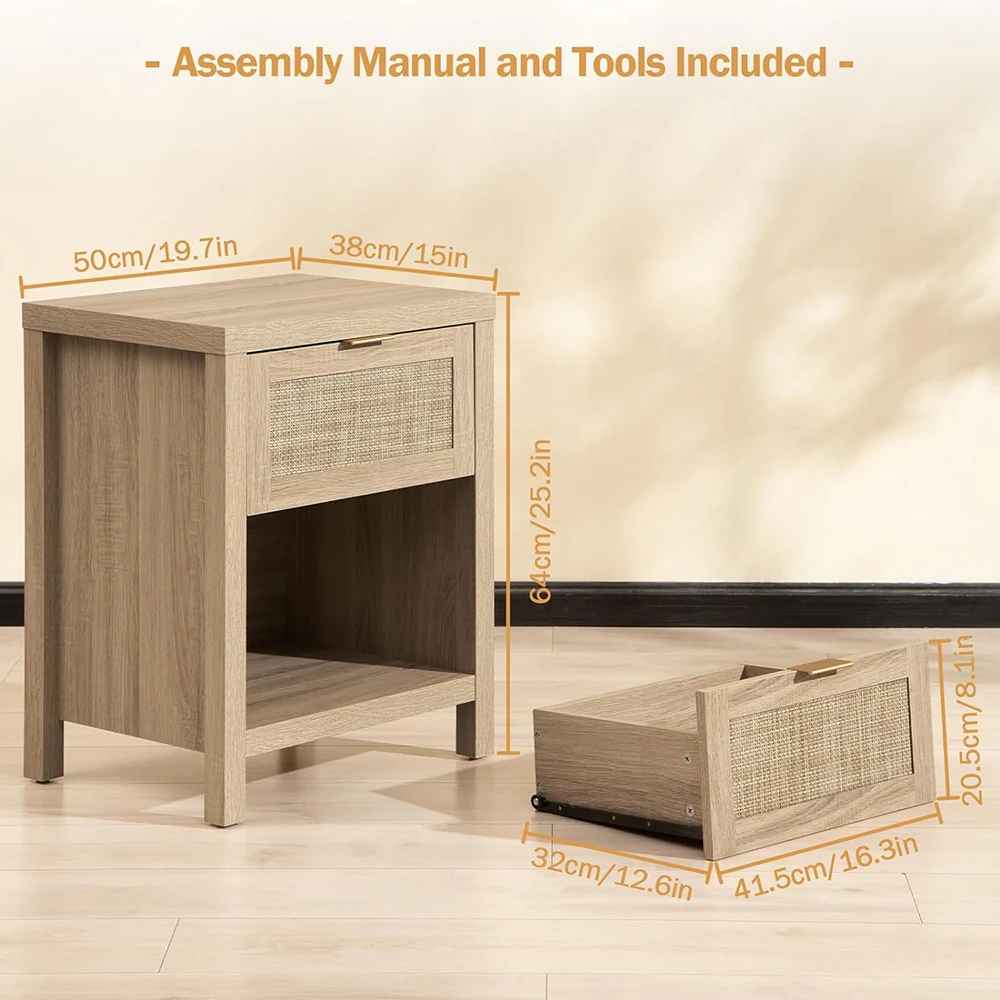 product modern rattan nightstands with drawer  open shelf farmhouse boho design for bedroom and living room light oak-7