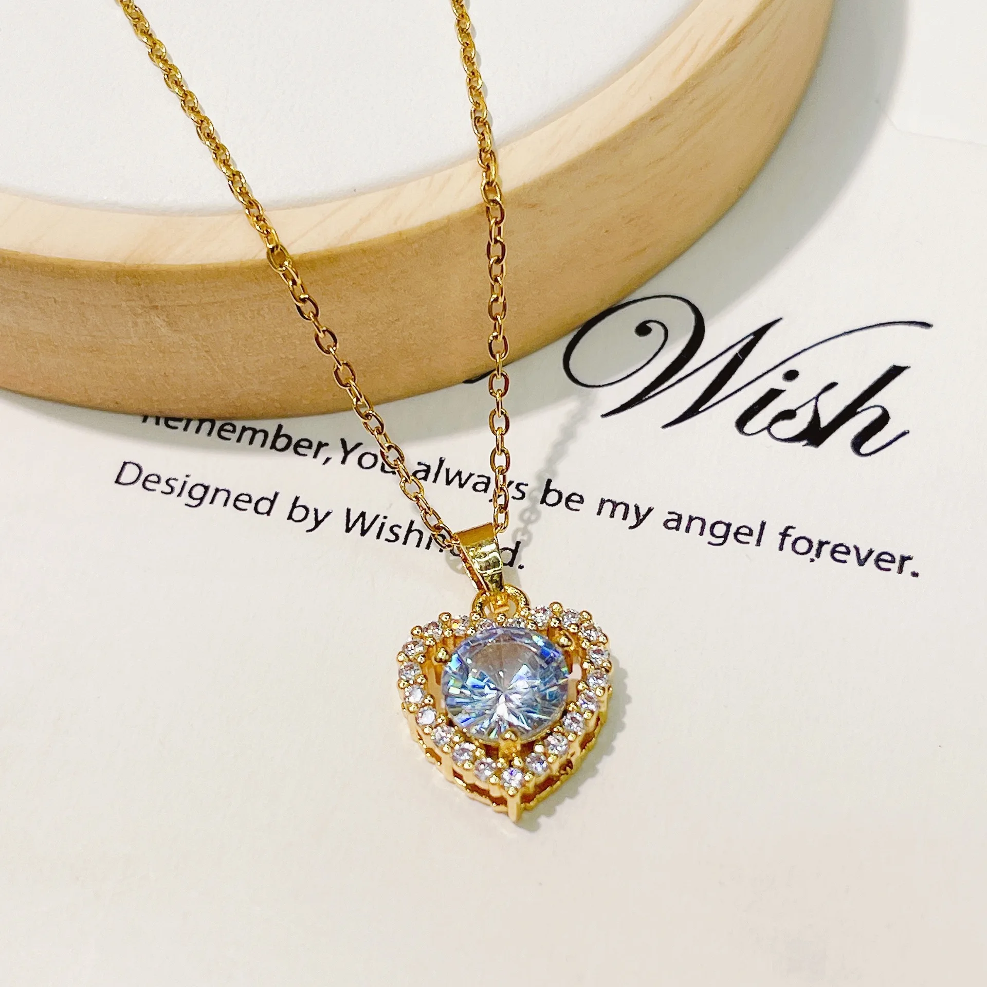 Gold Plated Colorful Available Red Sapphire pink Green Zircon Stone Heart Pendant Necklace for Women