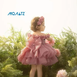 MQATZ Girls' Casual Satin Dress with Layered Princess Bow O-Neck Beaded Decoration for Pageants Weddings & Birthday Parties