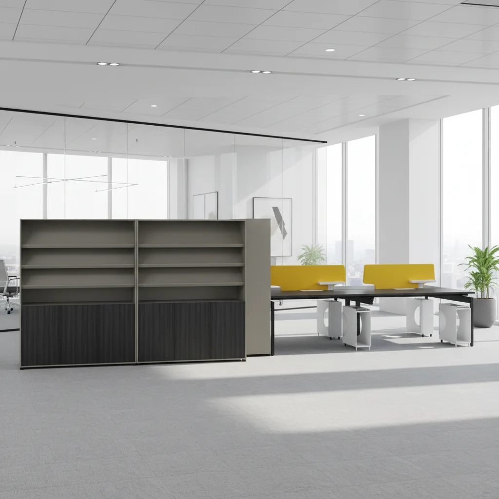 Modern Wood Open Office Desk Steel Frame Angled Cabinet Setup Professional Workspace Ergonomic Features Business Desk Desk 6