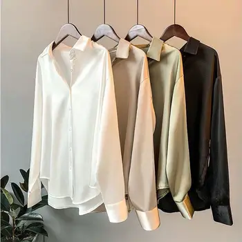 2022 fashion white long sleevs Satin Shirts Silk Elegant Woman ladies' blouses tops casual blouse for work