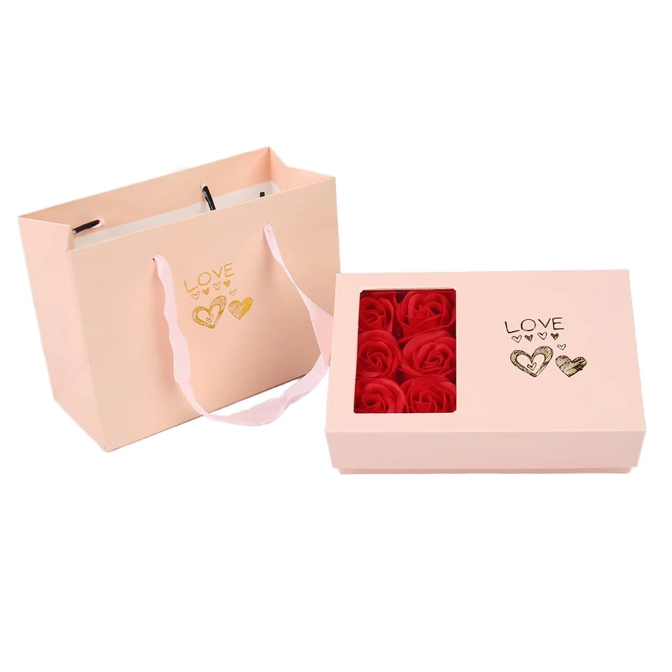 Jinayon tilpasset Valentinsdag blomsterbokssett, rosa papir gave stive bokser, tilpassede bokser for smykker med 6 såperoser håndlaget