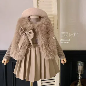 Girls' Suit Children's New Style Leather Sweater Coat Bow Fur Vest Ribbed Sweater PU Leather Pleated Skirt Three-piece Set