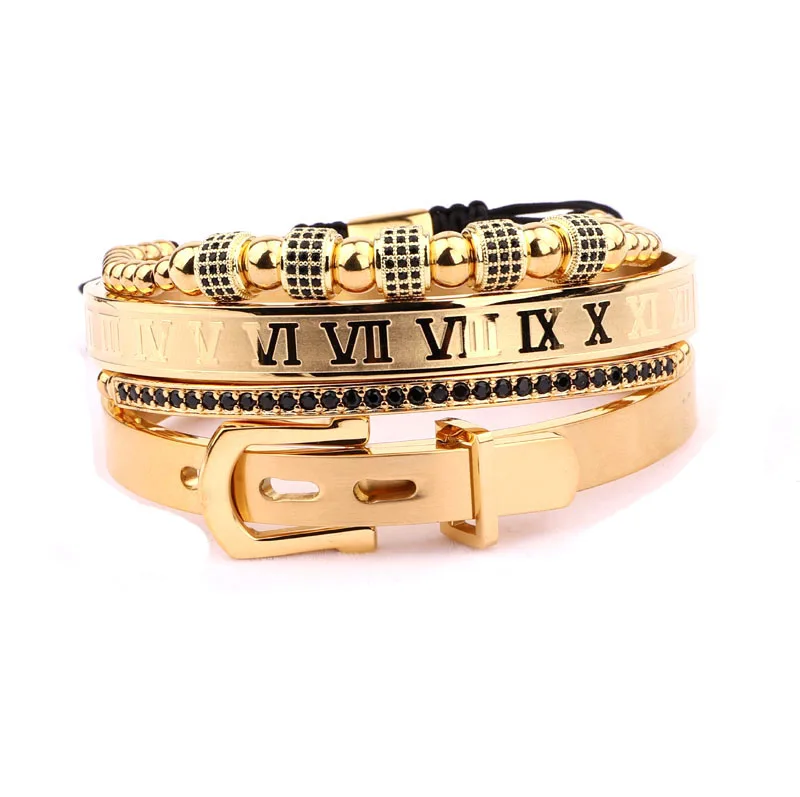 Luxury Mens Stainless Steel Crown Bracelet Set in Gold