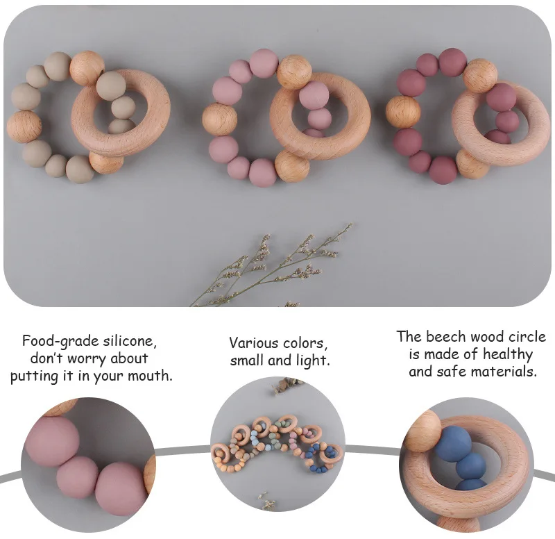 Baby Health Nursing Bracelets Teether Toys Silicone Beads Beech Wooden