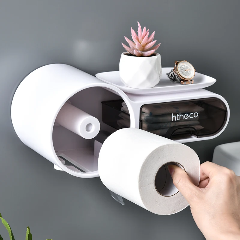 Hot Selling Modern Plastic Multifunctional Toilet Roll Paper Holder Non-Punching Wall Mounted Tissue Box for Hotels