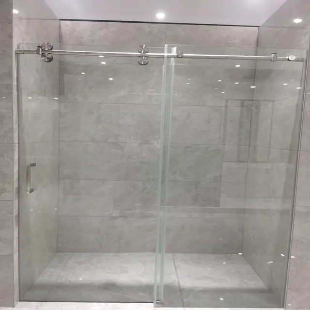 Apartment Bathroom Frameless Rectangle Shape Tempered Glass Single Sliding Shower Door With Stainless Steel Handle