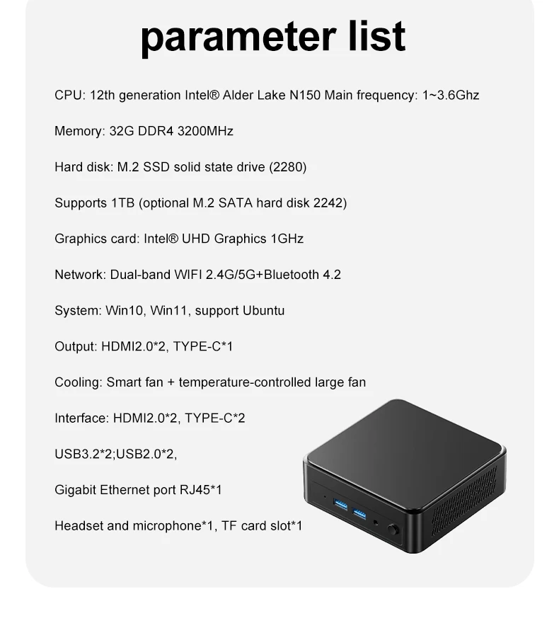 OEM ODM Manufactory's Fanless Gaming Mini PC N150 8GB/16GB DDR4 RAM 4K Display Portable Intel N100 Series Mini PC Game US Plug