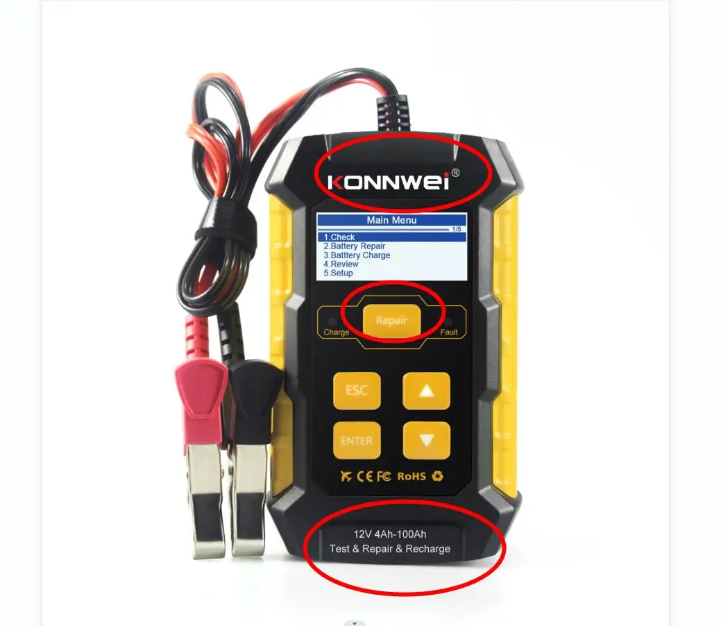 Konnwi KW510 5A Multifunction Battery Charger for Cars Motorcycles Trucks with Built-in Tester and Repair Function