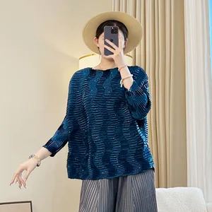 Niche Vintage Casual Woven Loose Navy Blue Women's Autumn Mother's New Large Size Long-sleeved Miyake Pleated Blouse