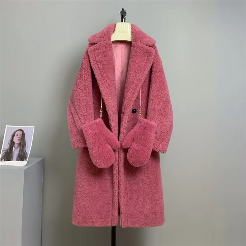 High Quality Loose Cashmere Sheep Alpaca Lapel Wool Fabric Trench Coats Luxury Coats for Women Shearing Long Overcoat