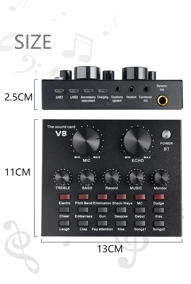 Professional Studio Audio Interface Recording External Live Sound Card V8 for Condenser Microphone