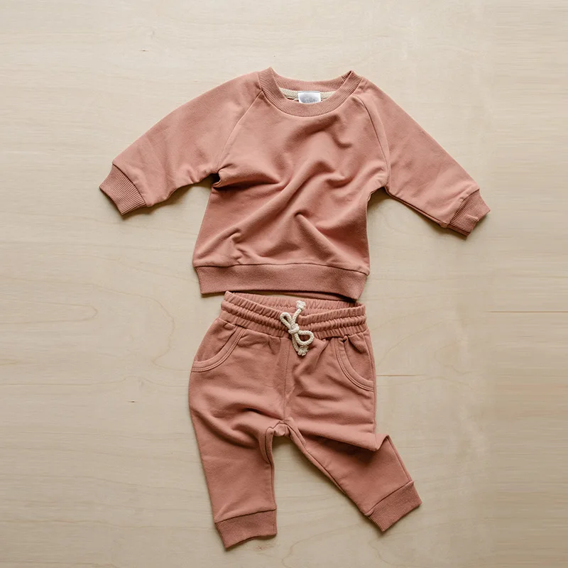 Kids Tech Stacked Print Logo Plain Cotton Winter for Boys Girls French Terry 2 Piece Shirt Jogger Kids Sweatsuit Set