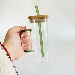 13.5OZ SQUARE GLASS JAR TUMBLER WITH HANDLE BAMBOO LID (NO STRAW
