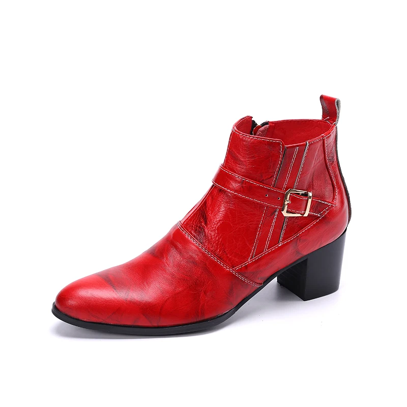 NA441 Red Genuine Leather Men High Heel Boots Pointed Toe Party Dress Shoes Nightclub Jazz Dancer Man Short Boots