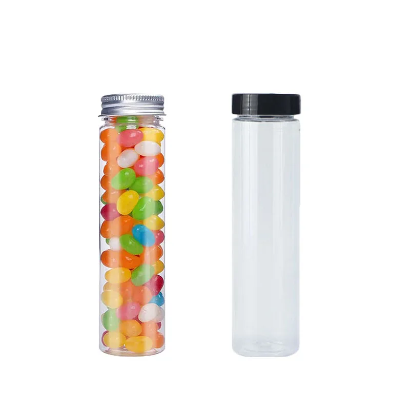 50ml 110ml 115ml 150ml Candy PET Plastic Test Tube with Aluminum Cap Flat Bottom Clear Packaging Tube for Chocolate and Sugar