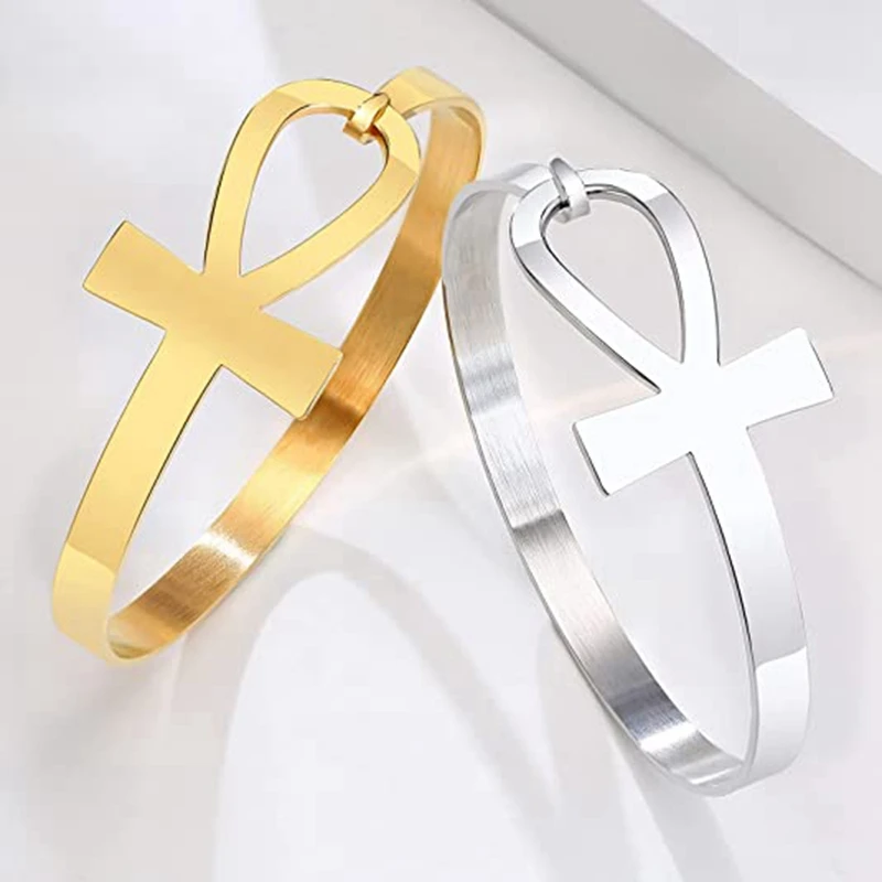 Bracciale Uomo Egiziano Ankh In Acciaio Inox E Pelle - Fibbia Magnetica, Croce Di Vita, Nero/argento/oro