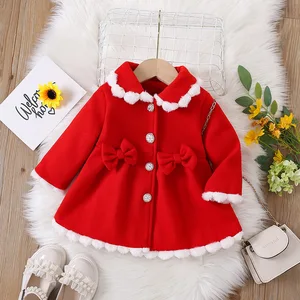 Customized Autumn Girls' Sweet Single Breasted Bow Solid White O-Neck Hooded Coat Red Christmas New Year Clothes for Kids