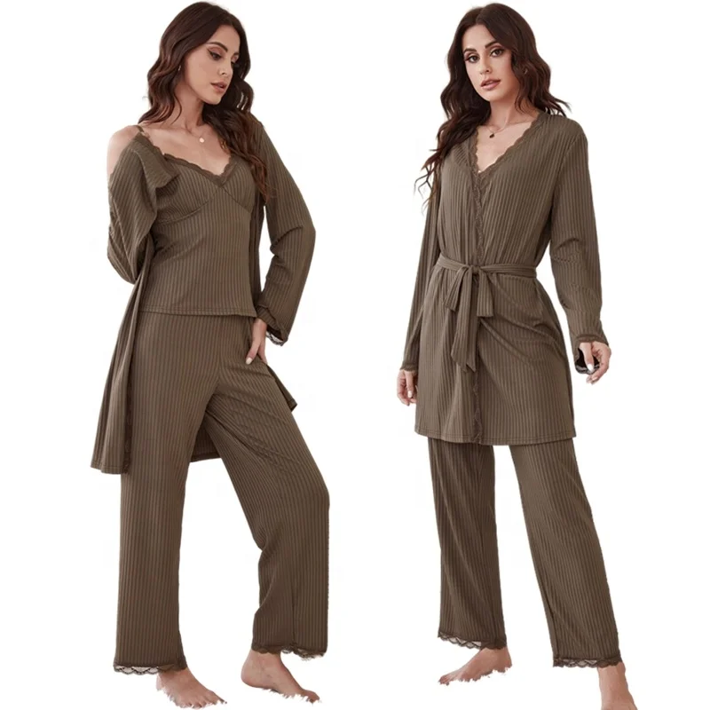 3-teiliges Lounge-Wear-Set mit Spitze fr Damen, Nachthemd-Set,  Magefertigte Bambuskleidung, Baumwoll-Pyjamas, Damen-Sets, Modal-Pyjamas,  Oberteil, Bademantel, Hose