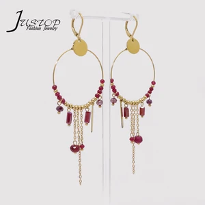 Stainless Steel Wholesale Round Statement Natural Stone Beads Red Crystal Circle Tassels Dangle Earrings