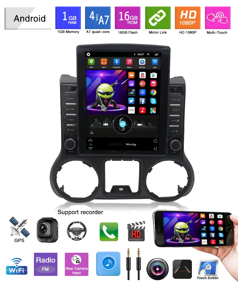 9.7" Vertical Screen Android 13 Car Audio Radio for Jeep Wrangler 3 JK 2010-2017 Carplay/4G Wifi GPS Multimedia Video DVD Player