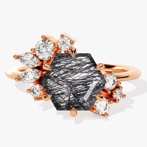 Black Rutilated Quartz Hexagon Cut Ring Tourmalinated Quartz Rose Gold 925 Silver Women Engagement Wedding Fine Custom Jewelry