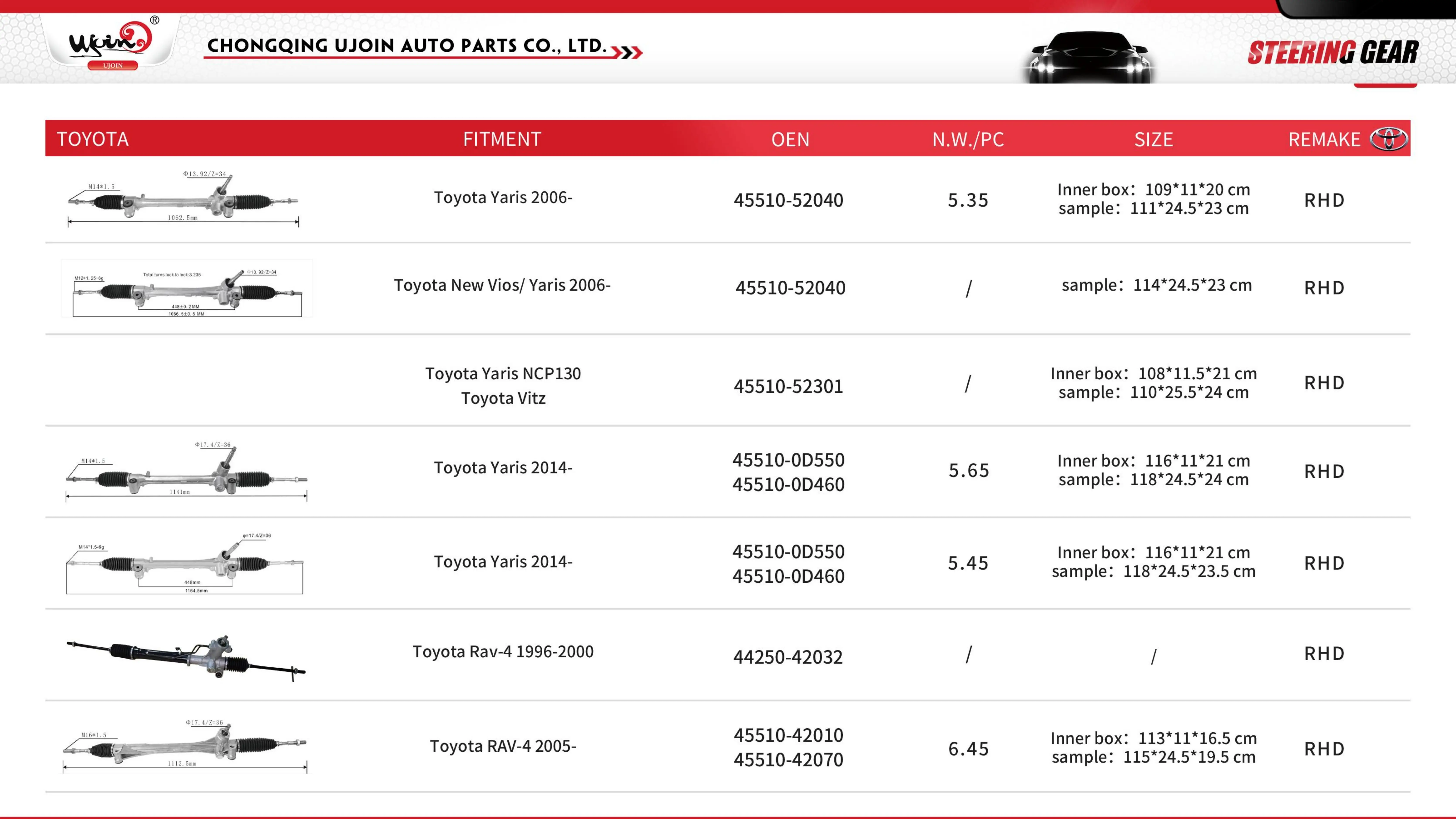 Ujoin Manufacturer Price Steering Gear Box Rhd Steering Rack Bar For Toyota Toyota Hiace