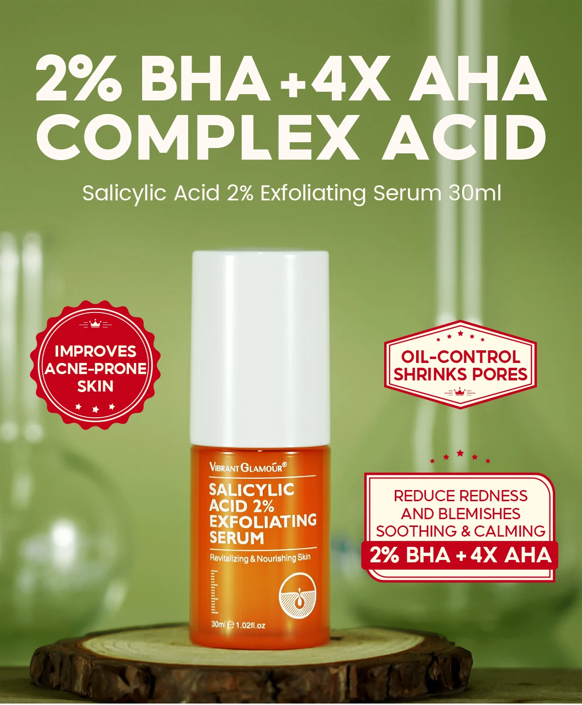 Vibrant Glamour 1% Salicylic Acid Skin Care Serum Anti-Acne Oil Control Exfoliating Toner for Adults