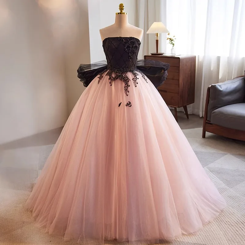 sweet pink black evening dress S1805L 2026 High Quality Tube Top Applique Skirt Princess Style Small Fresh Romantic Banquet Candy Pink Betsey Johnson Swing dress pattern + Select Shirt Size:L