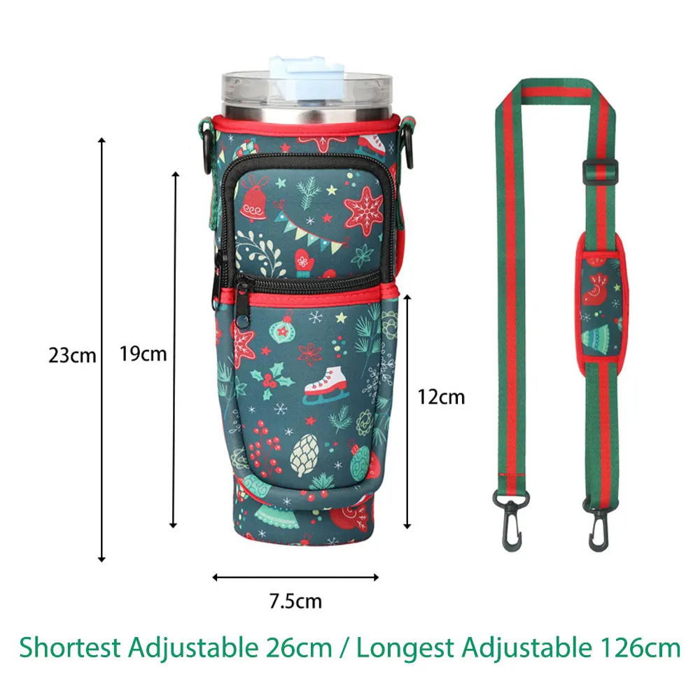 Christmas Blue Green Travel Sleeve Pouch Bag For Stanley Cup 40Oz With Handle Tumbler Water Bottle Thermal Case Adjustable Strap details