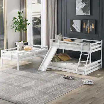 Modern White Bedroom Furniture Kids Teens Adults Wood Dormitory Beds Bunk Frame 3 Tiers Triple Bunk Bed With Stairs