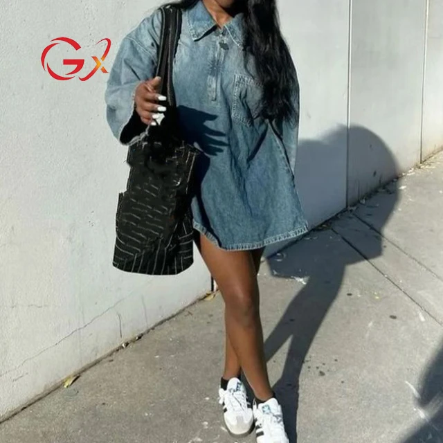 GX7282 Fashion 2024 Spring Boutique Clothing Women Jeans Dresses Long  Sleeve Pocket Design Loose Denim Dress