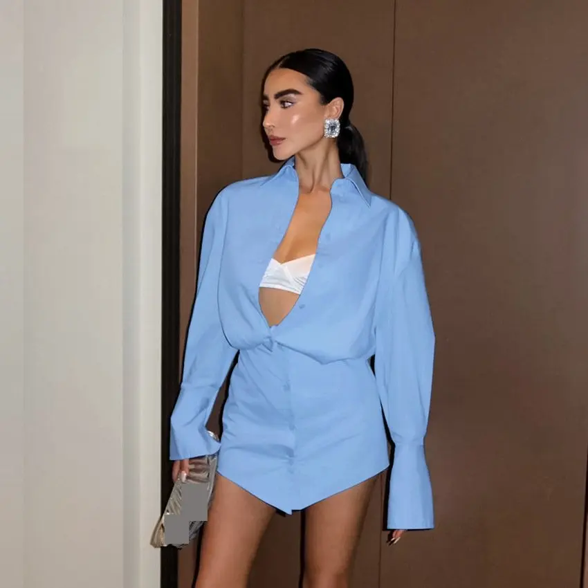 Enyami Urban Wear Sexy Blue Office Leisure Cotton Blend Fabric Shirt Dress Elegant Long Flare Sleeve Women Pencil Dresses Enyami Urban Wear Sexy Blue Office Leisure Cotton Blend Fabric Shirt Dress Elegant Long Flare Sleeve Women Pencil Dresses