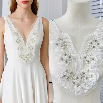 In Stock Beaded Pearl Collar Applique for DIY Wedding Dress, Embroidered Neckline Patch for Sewing Clothing Accessories