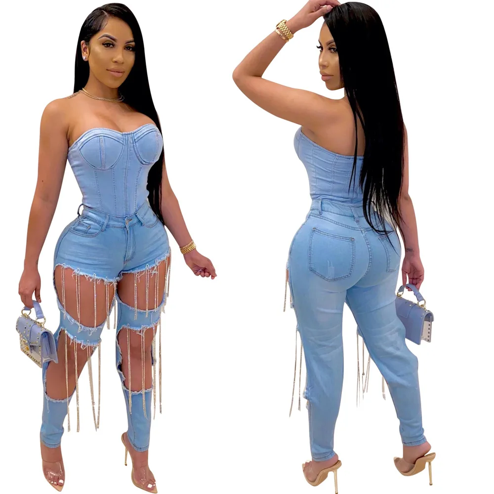 Nuovo Arrivo Fashional Sacchetto Di Mano Della Catena Usurati Strappati  Jeans Pantalones Jeans Pantaloni A Vita Alta Delle Donne Del Locale  Notturno Di Usura - Buy Jeans Strappati,Jeans Strappati,Jeans Strappati  Donna Product