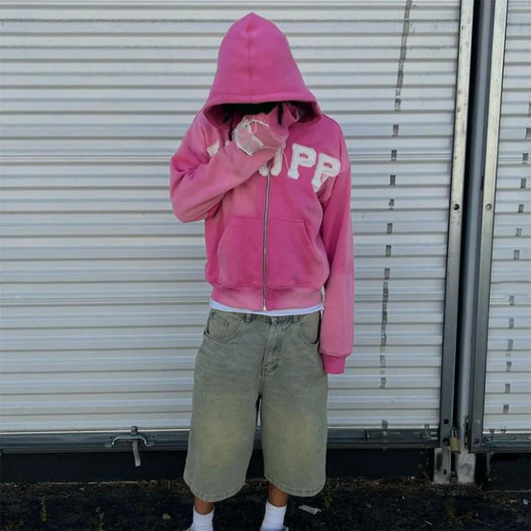 SALATI Custom Heavyweight Zip Distressed Acid Wash Hoodie Oversized Sun Faded Streetwear Embroidered Applique Men's Summer gallery 2