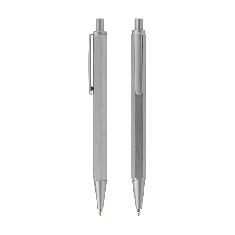 Simple Design Smooth Writing Sliver Grey Metal Hexagonal Pen with Oily Ink