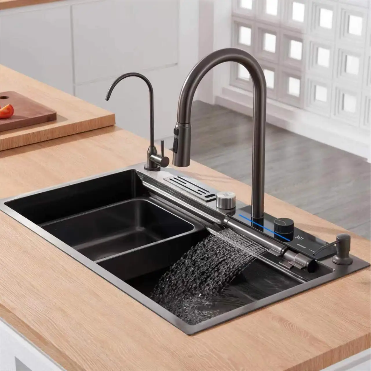 2023new Design Kitchen Sinks Multifunction Black Waterfall Rainfall ...