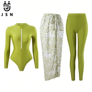 JSN 2026 New Design Zipper Solid  Long-Sleeved and Long-Pants Two Piece Swimsuit Set for Women with High Cut Print Swimdress