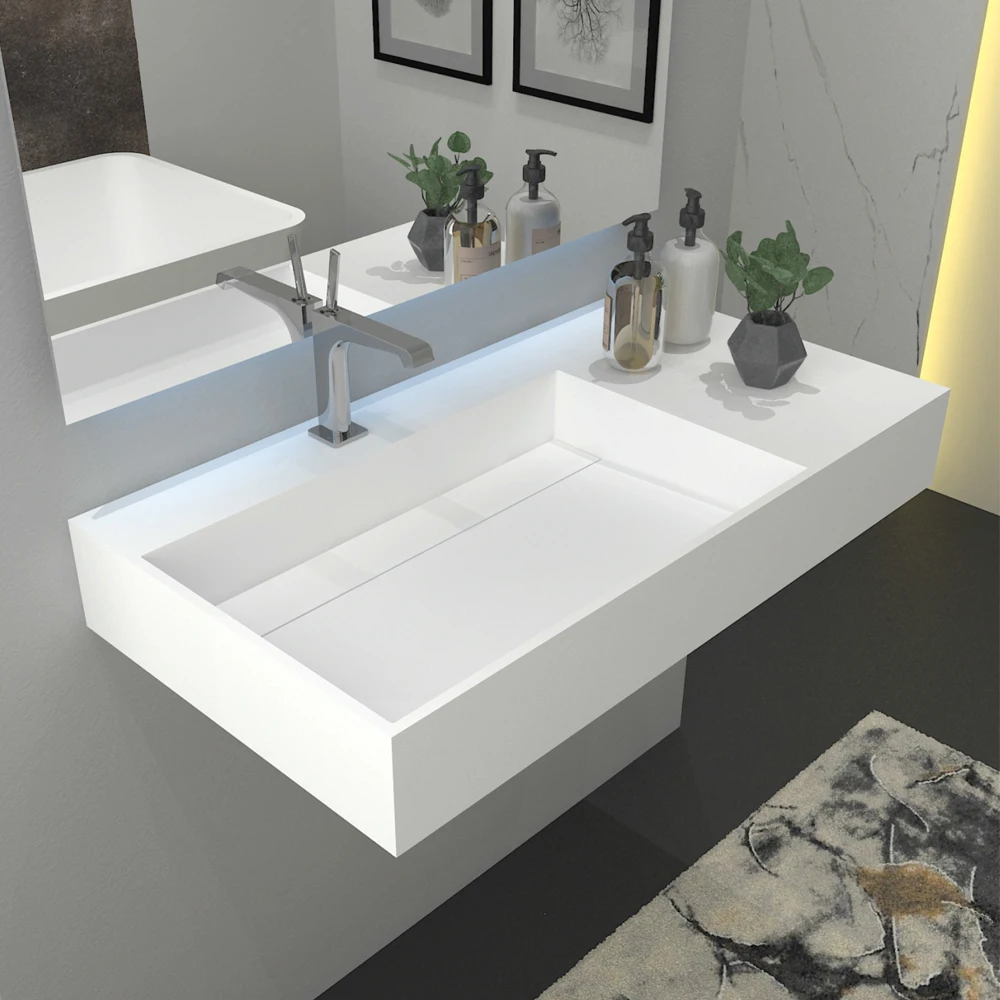 Modern Design Rectangle Acrylic Solid Surface Lavatory Wash Basin Wall Hung Bathroom Wash Hand Basin