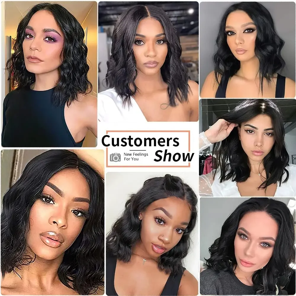 Korte Bob Parykker med Lace Front, Naturlig Kropbølge, 150% Densitet, 100% Ægte Hår, 13x6 til Sorte Kvinder_voghion.com