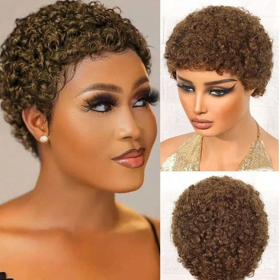 Parrucche corte afro ricci per capelli umani Pixie Cut 150% per donne Parrucca morbida afro soffice Remy_voghion.com