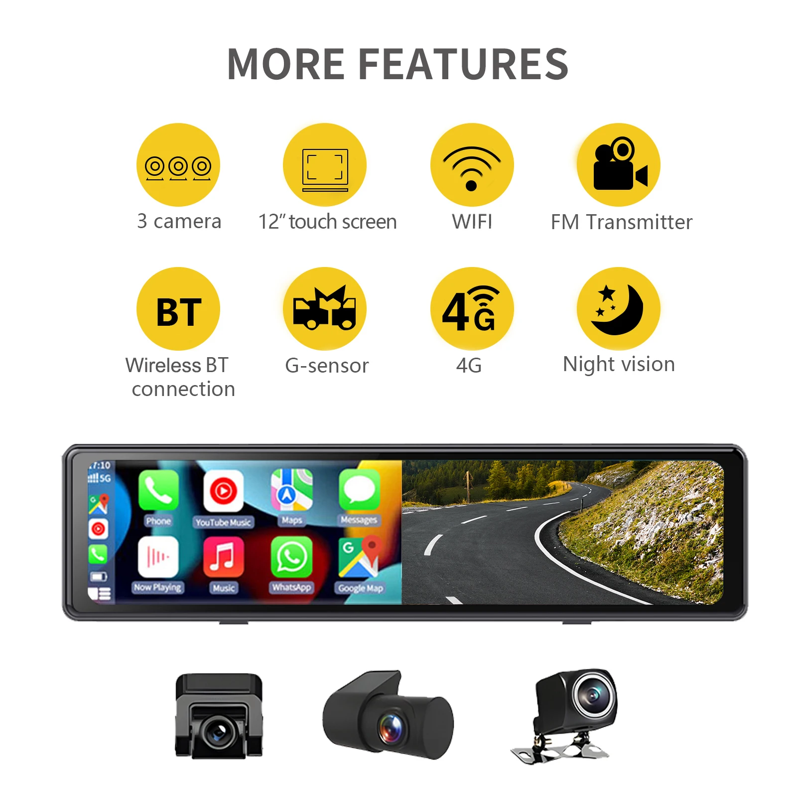 2.5K Touch Screen Carplay Mirror Dash Camera DVR with ADAS G