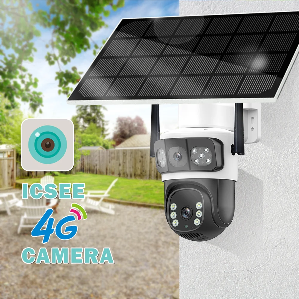 Icsee 6MP 4G Solar Powered PTZ Camera Night Vision Three-Screen Display ...