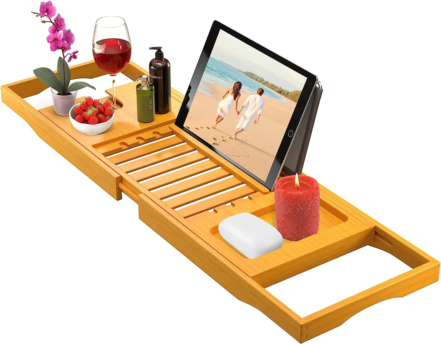 Bamboo Bathtub Tray Caddy Expandable Wooden Bath Tray Adjustable Bathroom Tray for Tub